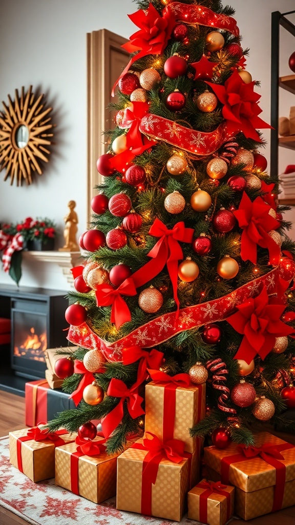 A red-themed Christmas tree decorated with ornaments and ribbons, surrounded by gifts.